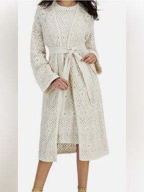 NWOT INC Cream Crochet Knit Long cardigan  with Self-Tie Belt, bell sleeves